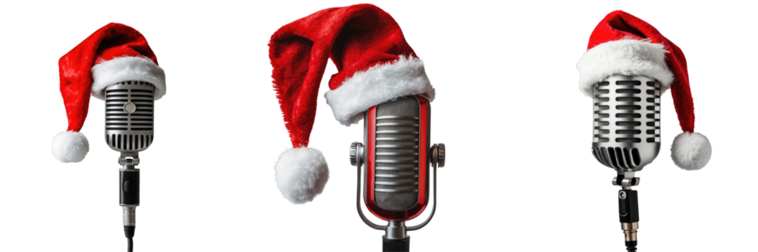 Set of three vintage-style microphones adorned with red and white Santa hats on a contrasting transparent background, isolated for clear visibility and emphasis on festive theme. - Powered by Adobe