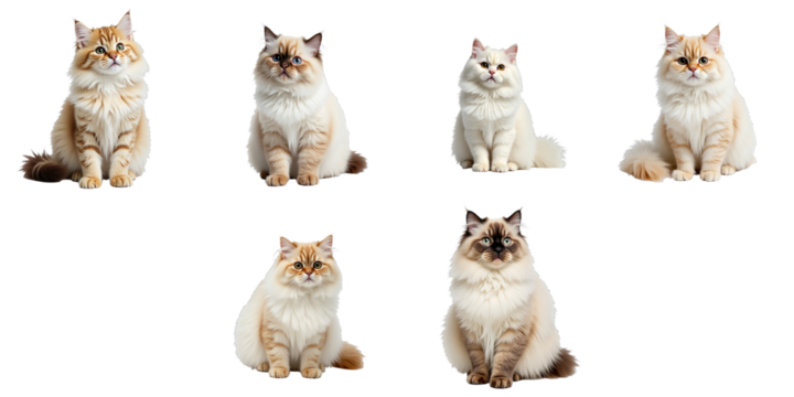 Persian cats displaying various poses and expressions arranged in a grid format on a transparent background suitable for use in digital projects and illustrations