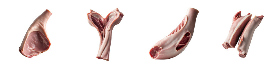 Fresh pig lung sections displayed on a transparent background, fully isolated, showcasing various angles and detailed textures of the meat, ideal for culinary and medical use.