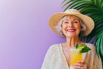 Joyful senior lady enjoying tropical cocktail in bright casual attire, with palm leaves and purple backdrop creating fun, summer vibe