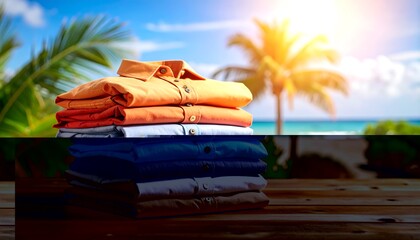 Stacked shirts on a wooden surface, tropical beach background