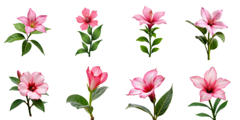 Multiple pink Adenium Obesum flowers with green leaves displayed in various orientations on a transparent background, also known as desert rose and impala lily.