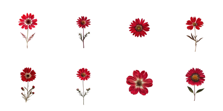 Pressed red flowers arranged in a grid format with transparent background showcasing various angles and details of each flower including stems and leaves.