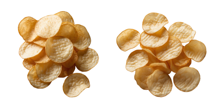 Close-up of two distinct piles of potato chips isolated on a transparent background showcasing the texture and shape of the chips with even lighting and detail