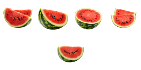 Fresh watermelon slices and halves on a transparent background isolated with no distractions showcasing vivid colors and textures of the fruit