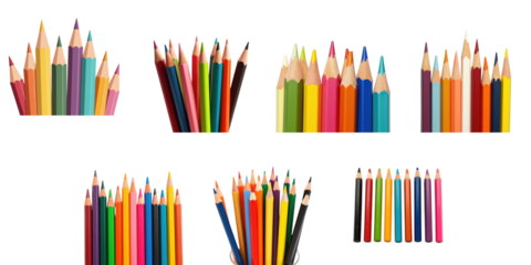 Assorted colored pencils arranged in various formations on a transparent background highlighting their vibrant hues and sharp tips suitable for artistic applications.