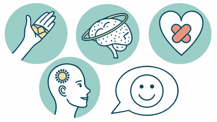 Illustration of a hand with fractured bones, brain with orbit, heart with bandage, head with sun, and smile