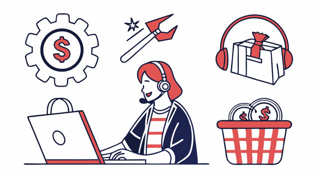 Illustration of a customer service representative with icons representing business and support services - Powered by Adobe