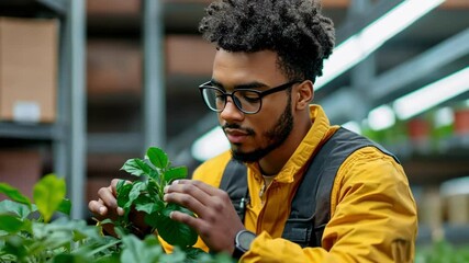 One African American man inspecting green plants, plant care, growth, and healthy lifestyle indoors. - Powered by Adobe