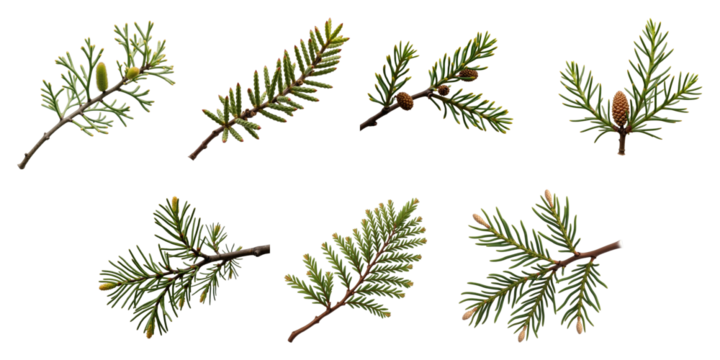 European larch branches with cones and foliage isolated on a transparent background showcasing multiple angles and details in winter condition.