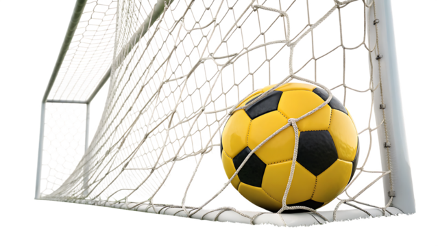  Soccer ball in net goal isolated on white background PNG. AI GENERATED