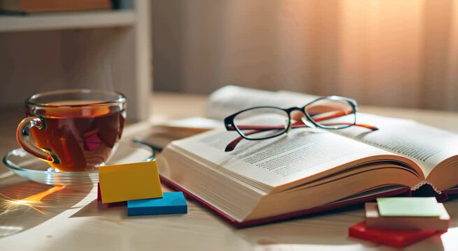 Open book, reading glasses, cup of tea, and sticky notes on table in sunlit study area
