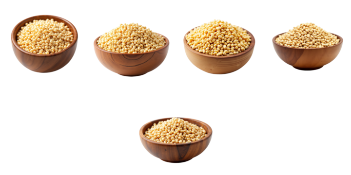 Multiple wooden bowls filled with raw pearl barley arranged in different sizes on a transparent background showcasing the texture and color of the grains.
