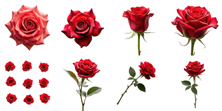 Red roses arranged in various perspectives including isolated blooms, flat views, and stems with leaves on a transparent background suitable for seamless patterns and floral designs