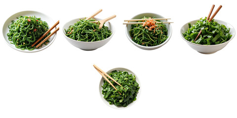 Assorted bowls of seaweed salad with chopsticks on transparent background showcasing healthy green ingredients for nutritious eating options