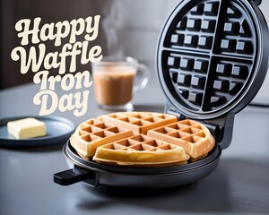 Deliciously golden waffles ready on a modern waffle iron on Happy Waffle Iron Day. Close-up of a hot, freshly cooked waffle in a modern black waffle iron.