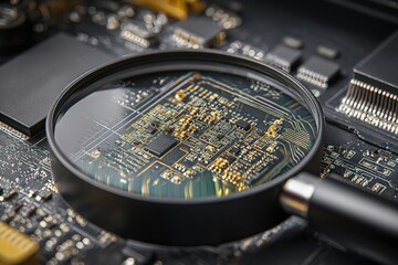 Close inspection of a circuit board with a magnifying glass reveals intricate designs and components for advanced electronics analysis