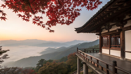 Traditional wooden terrace on the right side, overlooking a misty mountain valley at sunrise. Red maple leaves frame the top right corner, creating a serene and poetic autumn scene with soft pastel sk