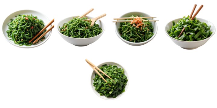 Assorted bowls of seaweed salad with chopsticks on transparent background showcasing healthy green ingredients for nutritious eating options
