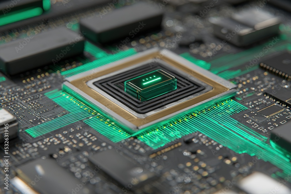 Poster close-up view of a computer circuit board with glowing components highlighting advanced technology