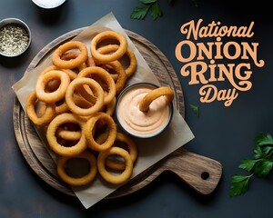 Overhead view of a wooden platter loaded with golden-brown onion rings, garnished with fresh parsley, alongside a dipping sauce and a sprinkle of seasoning. 