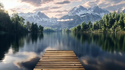Wooden dock floating on clear mountain lake with scenic peaks reflection. Lake tranquility concept