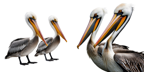 Group of four pelicans in various poses prominently displayed on a transparent background showcasing detailed feathers and distinctive long bills