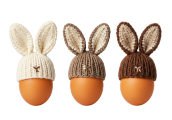 Isolated Three Easter Eggs with Knitted Bunny Hats and Stitched Faces