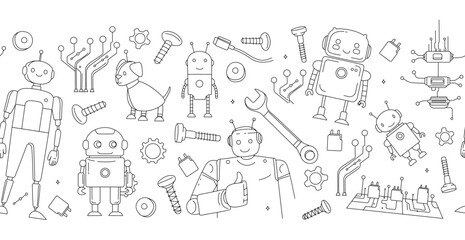 Seamless Doodle Pattern with Robots, Tools, and Microchips STEM and Engineering Theme