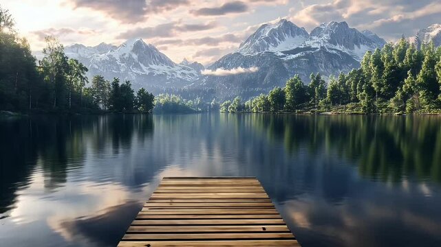 Wooden dock floating on clear mountain lake with scenic peaks reflection. Lake tranquility concept