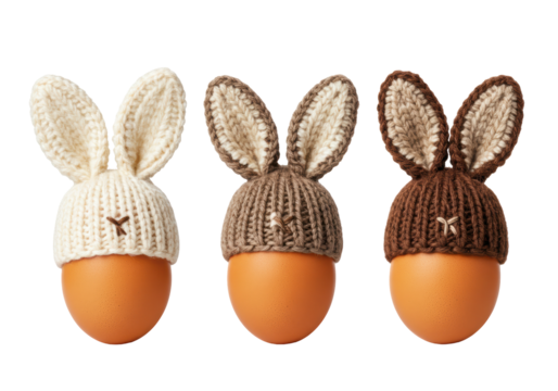 Isolated Three Easter Eggs with Knitted Bunny Hats and Stitched Faces