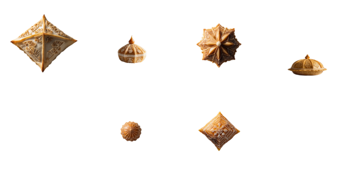 Traditional Central Asian pastries arranged on a transparent background showcasing intricate designs and various geometric shapes including stars and domes - Powered by Adobe