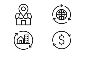 Icon set of global trade, real estate, finance, and local business vector icon illustration