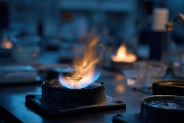 Experiment in a lab with flames and chemical reactions on a dark, illuminated laboratory table