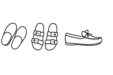 Outline of three shoe types on gray background: loafers, sandals, moccasins vector icon illustration