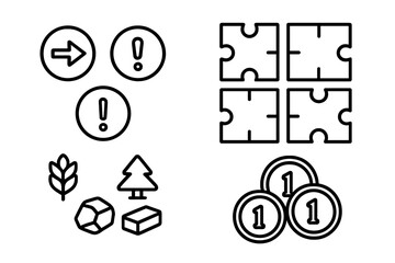 Board game symbols: arrows, exclamation marks, puzzle pieces, resources, coins vector icon illustration