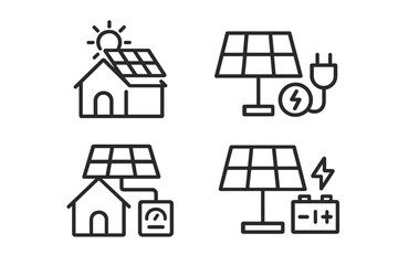 Solar energy icons on dark background: house, plug, battery, sun, solar panels vector icon illustration