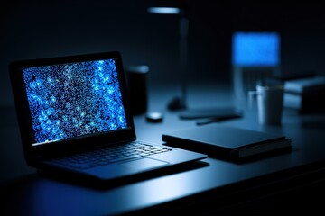 Workstation illuminated by a glowing laptop screen and ambient lighting during a quiet night