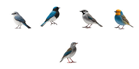 Five distinct bird species displayed on a transparent background featuring various colors and patterns, showcasing their unique shapes and characteristics in a studio quality image.