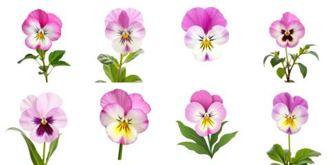 Collection of eight pink and white pansy flowers with varying designs and green leaves on a transparent background showcasing their unique shapes and colors.