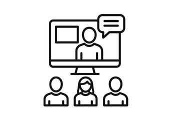 Virtual meeting symbol: simplistic black icon with participants and video call interface vector icon illustration