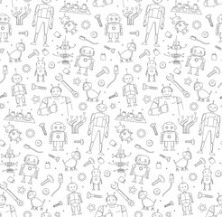 Obraz premium Seamless Doodle Pattern with Robots, Tools, and Microchips STEM and Engineering Theme