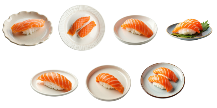 Sliced salmon nigiri sushi presented on various plates with different styles arranged in a visually appealing manner on a transparent background