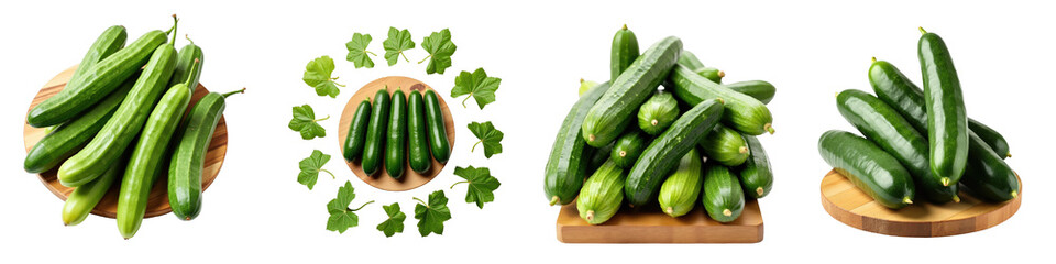 Cucumbers with unique shapes arranged on wooden surfaces alongside green leaves isolated against a transparent background highlighting their freshness and texture.