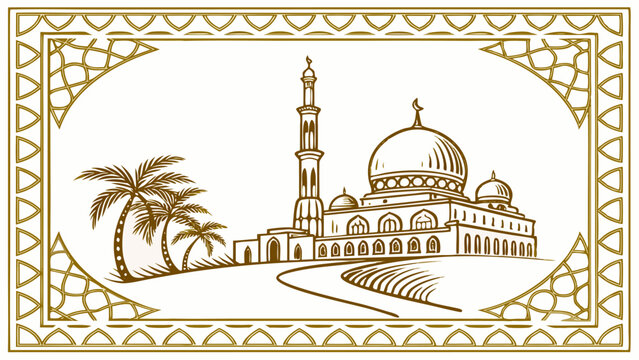 mosque with palm trees in gold frame clip art preview