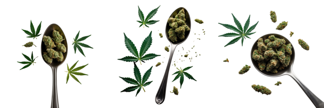 Spoonfuls of cannabis featuring assorted marijuana buds and green leaves isolated on a transparent background capturing medicinal attributes and natural elements