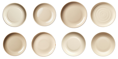 Top view of eight assorted handmade ceramic dishes with unique textures and finishes in beige color set against a transparent background for versatile use and display purposes.
