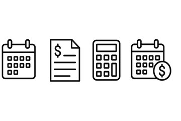 Financial planning symbols: calendar, invoice, calculator icons on gray background vector icon illustration