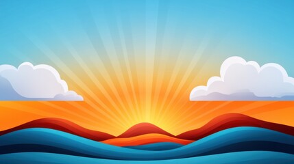 Vibrant Sunrise Over Stylized Waves and Colorful Horizon Landscape