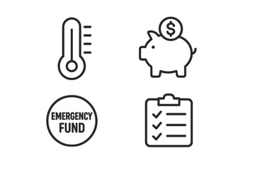 Financial icons of emergency fund, piggy bank, checklist, and thermometer vector icon illustration